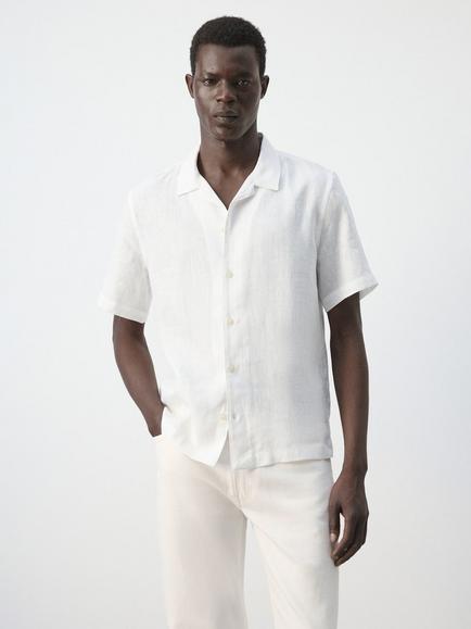 Mango Linen Camp Collar Short Sleeve Shirt, White