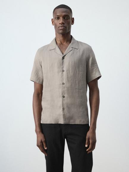 Mango Linen Camp Collar Short Sleeve Shirt, Taupe