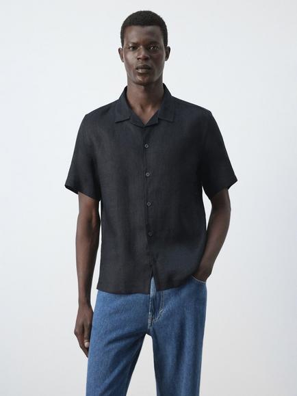 Mango Linen Camp Collar Short Sleeve Shirt, Navy