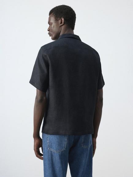 Mango Linen Camp Collar Short Sleeve Shirt - view 2, Navy