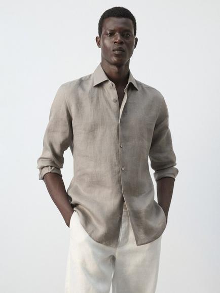 Mango Linen Long Sleeve Shirt, Taupe