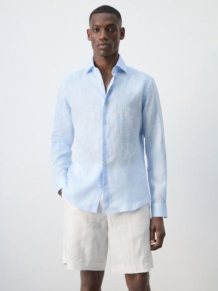 Mango Linen Regular Fit Long Sleeve Shirt, Sky Blue