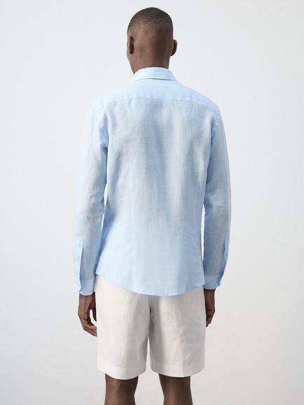 Mango Linen Regular Fit Long Sleeve Shirt - view 2, Sky Blue