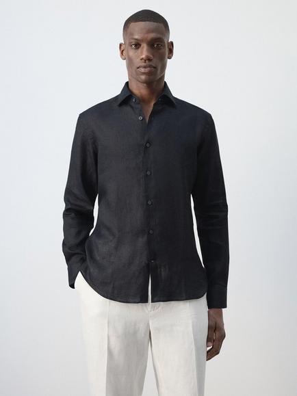 Mango Linen Long Sleeve Shirt, Navy