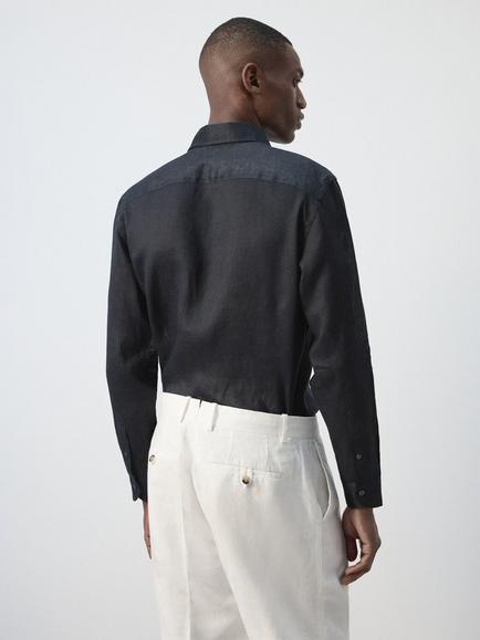 Mango Linen Long Sleeve Shirt - view 2, Navy