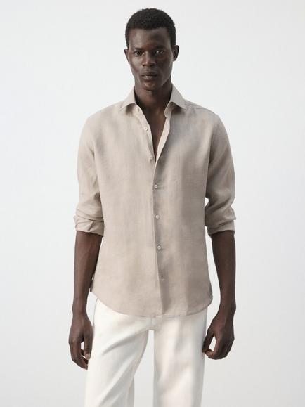 Mango Linen Regular Fit Long Sleeve Shirt, Sand