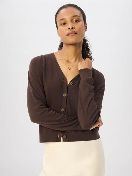 Whistles Linen V-Neck Cardigan, Chocolate - view 2, Chocolate