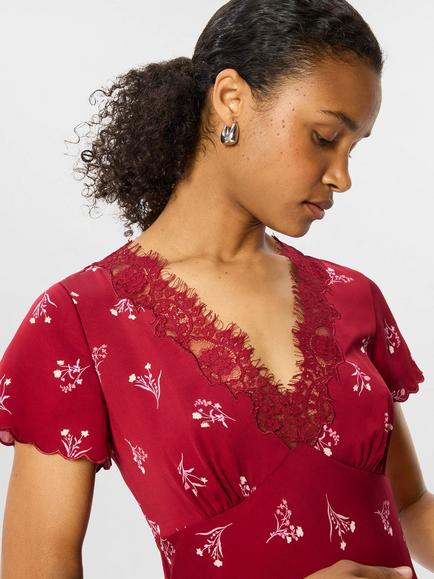 Whistles Floral Lace Trim Midi Dress, Burgundy/Multi - view 2, Burgundy/Multi