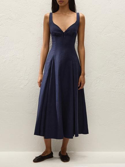 FAITHFULL Adalee Sleeveless V-Neck Linen Midi Dress, Navy, Navy
