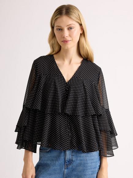 Albaray Chiffon Spot Print Ruffle Top, Black, Black