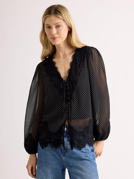 Albaray Lace Trim Chiffon Spot Print Blouse, Black, Black