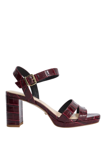Dune London Manifesting Leather Croc Effect Block Heeled Sandals, Burgundy, Burgundy