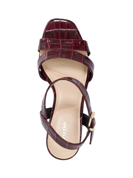 Dune London Manifesting Leather Croc Effect Block Heeled Sandals, Burgundy - view 2, Burgundy