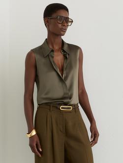 Reiss Amelia Sleeveless Silk Shirt, Khaki Green, Khaki Green