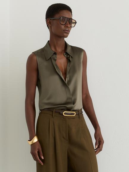 Reiss Amelia Sleeveless Silk Shirt, Khaki Green, Khaki Green