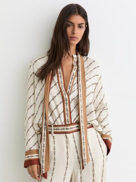 Reiss Lydia Linear Printed Long Sleeve Shirt, Ivory, Ivory