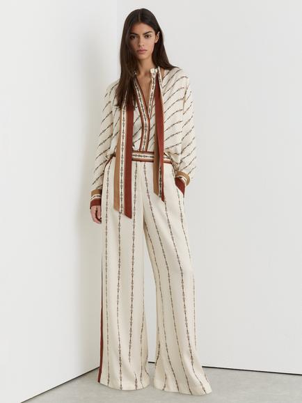 Reiss Lydia Linear Printed Wide Leg Trousers, Ivory, Ivory
