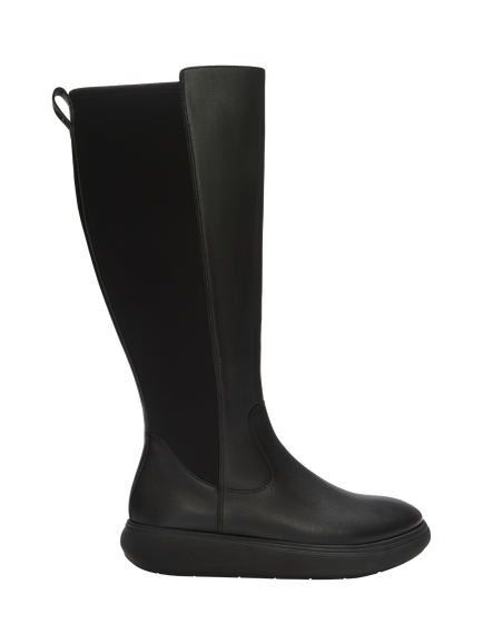 FitFlop IQ-COMFF Leather Flatform Knee High Boots, All Black