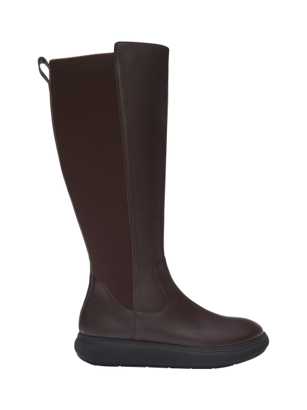 FitFlop IQ-COMFF Leather Flatform Knee High Boots, Chocolate Brown