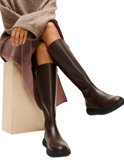 FitFlop IQ-COMFF Leather Flatform Knee High Boots - view 2, Chocolate Brown