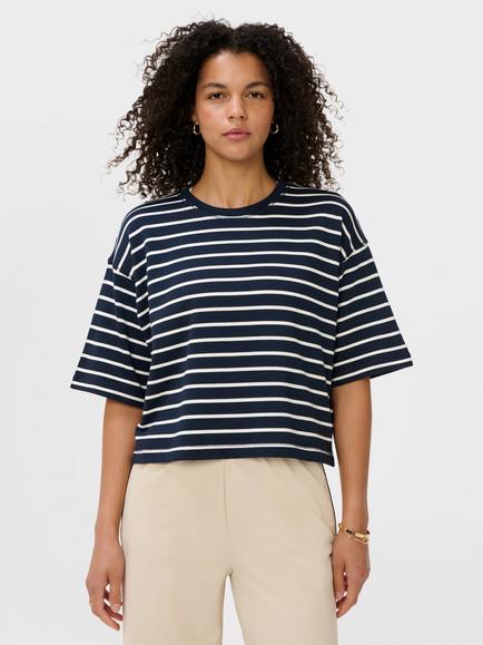 Sweaty Betty Cotton Modal Blend Stripe T-Shirt, Navy Blue, Navy Blue
