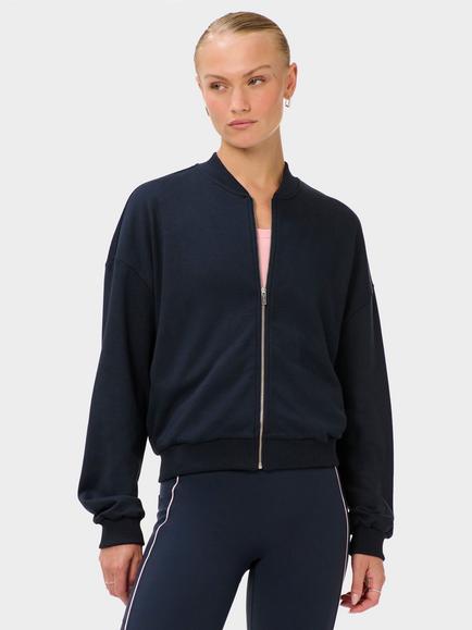 Sweaty Betty After Class Cotton Blend Knit Zip Up Top, Light Grey Marl, French Navy