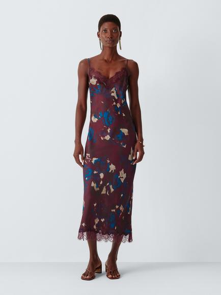 John Lewis Lace Trim Abstract Floral Print Slip Midi Dress, Multi, Mutli Print
