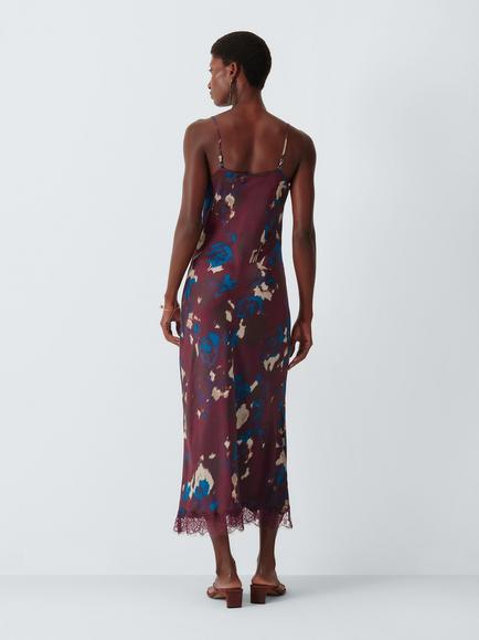 John Lewis Lace Trim Abstract Floral Print Slip Midi Dress, Multi - view 2, Mutli Print