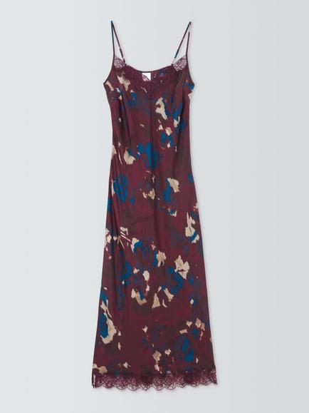 John Lewis Lace Trim Abstract Floral Print Slip Midi Dress, Multi, Mutli Print
