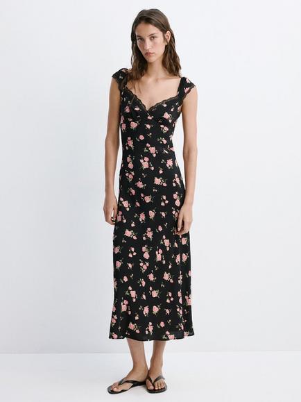 Mango Lace Trim Floral Midi Slip Dress, Black, Black