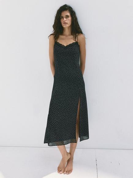 Mango Lace Polka Dot Midi Slip Dress, Black, Black