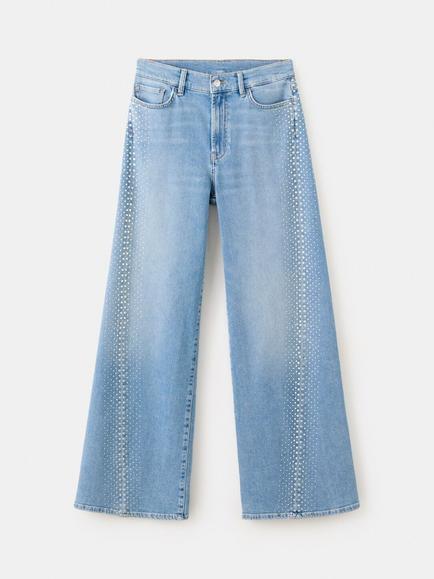 Mango Studded Mid Rise Wide Leg Jeans, Blue, Blue