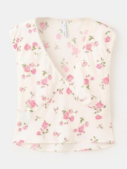 Mango Floral Sleeveless V-Neck Blouse, Cream, Cream