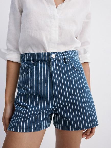 Mango Stripe High Rise Denim Shorts, Blue, Blue