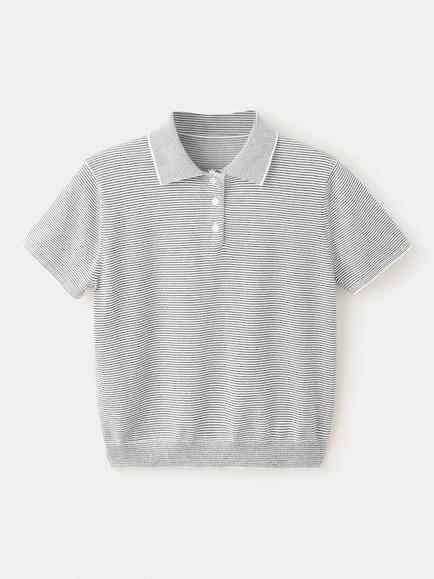 Mango Stripe Knit Polo Shirt, Navy