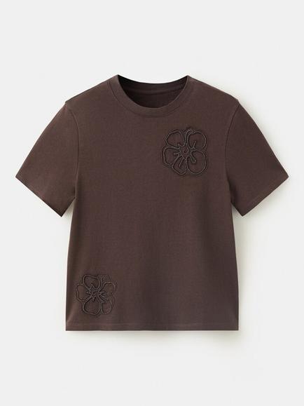 Mango Cotton Embroidered T-Shirt, Brown, Brown