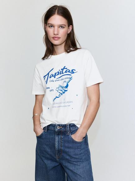 Mango Cotton Short Sleeve Graphic T-Shirt, Blue, Blue