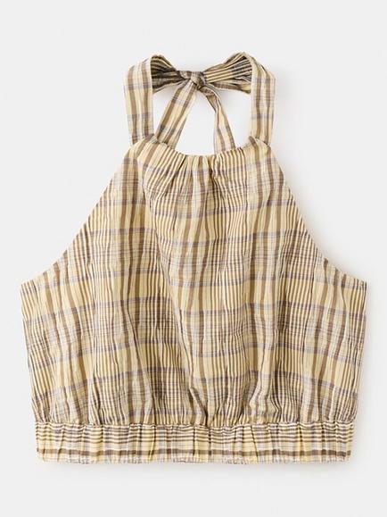Mango Cotton Rich Check Halterneck Crop Top, Brown, Brown
