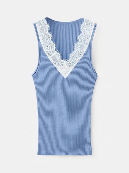 Mango Ribbed Lace Trim V-Neck Fitted Top, Sky Blue, Sky Blue