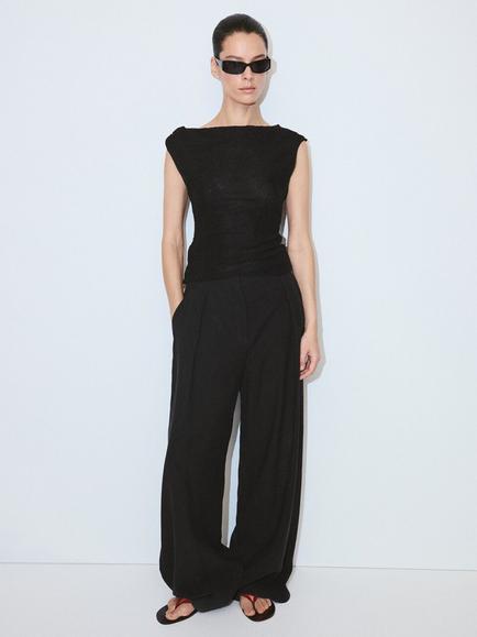 Mango Floral Mesh Sleeveless Jersey Top, Black, Black