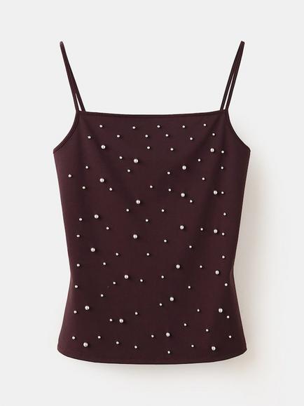 Mango Pearl Embellished Cami Top, Brown, Brown