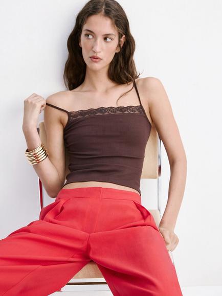 Mango Lace Trim Square Neck Cami, Brown, Brown