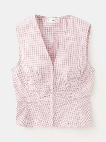 Mango Gingham Sleeveless Ruched Blouse, Pastel Pink, Pastel Pink