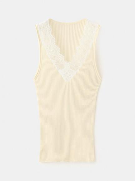 Mango Ribbed Lace V-Neck Cami, Pastel Yellow, Pastel Yellow