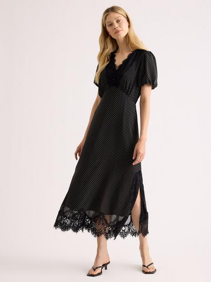 Albaray Polka Dot Lace Trim Chiffon Dress, Black, Black