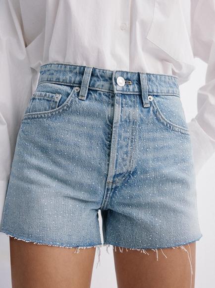 Mango Sparkle High Rise Denim Shorts, Blue, Blue