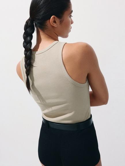 Mango Sparkle Sleeveless Ribbed Tank Top, Taupe - view 2, Taupe