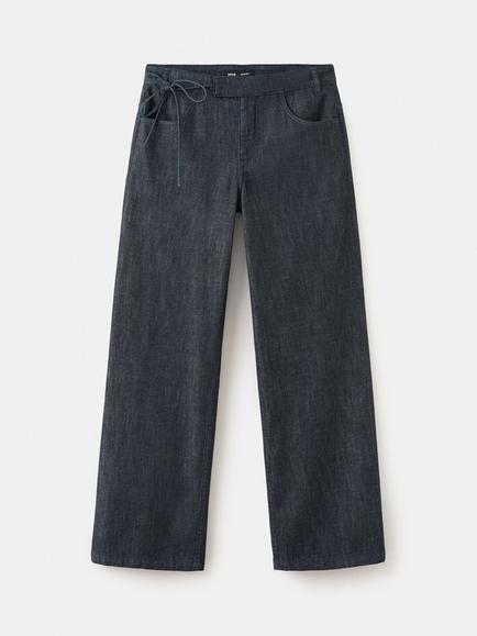 Mango Tie Waist Low Rise Wide Leg Trousers, Soft Denim