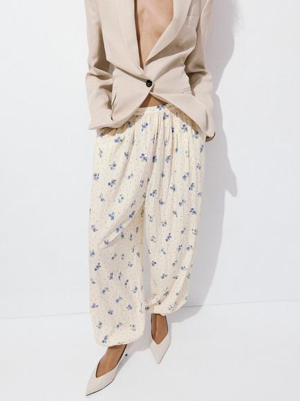 Mango Floral Wide Leg Trousers, White, White