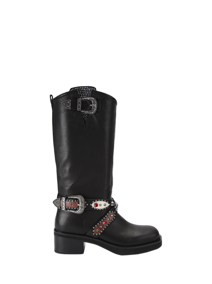 Kurt Geiger London Western Leather Biker Boots, Black, Black